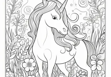 Elegantes Einhorn im prächtigen Blumenfeld: Bild zum Ausmalen (Kostenlos)