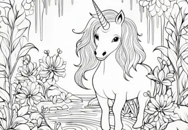 Fantasievolles Einhorn im Wasser zwischen prachtvollen Blumen: Malvorlage zum Download (kostenlos)
