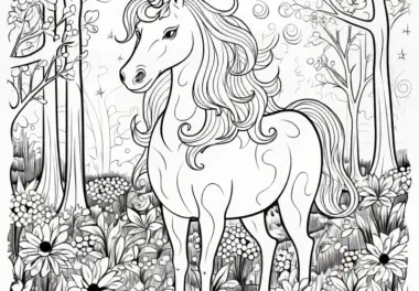 Fantastisches Einhorn im Blütenmeer des Walds: Bild zum Download (Gratis)