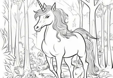 Imposantes Einhorn im Märchenwald: Malvorlage kostenlos