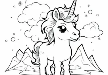 Kleines Einhorn vor faszinierender Berglandschaft: Einfaches Ausmalbild (Kostenlos)