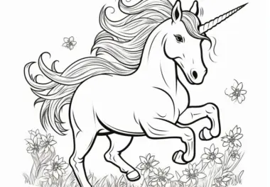 Kräftiges Einhorn galoppiert über Blumenwiese: Bild zum Ausmalen kostenlos