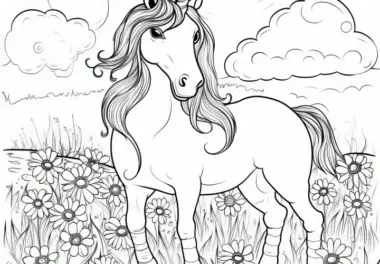 Majestätisches Einhorn auf Blumenwiese: Kostenloses Ausmalbild