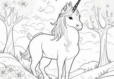 Majestätisches Einhorn in Naturlandschaft: Bild zum Ausmalen (Gratis)