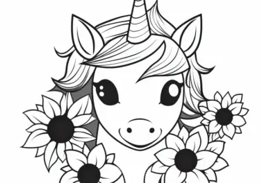 Einhorn-Kopf mit Blumen: Ein Einfaches Ausmalbild (Kostenlos)