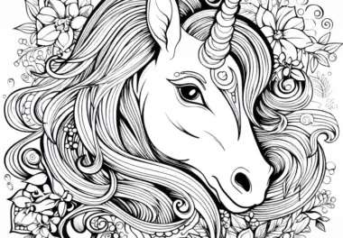 Malvorlage kostenlos: Einhorn-Kopf mit Blumen