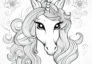 Einhorn-Kopf einer eleganten Einhorn-Dame: Malvorlage zum kostenlosen Download