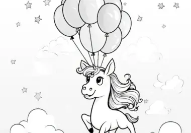 Einhorn fliegt mit Luftballons über Wolken und Sterne: Malvorlage kostenlos
