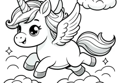 Süßes Einhorn mit Flügeln in den Wolken: Ausmalbild kostenlos herunterladen
