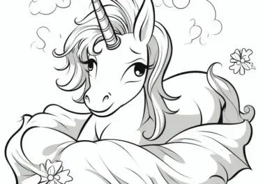 Einhorn schwebt auf flauschiger Decke: Ausmalbild zum Download (kostenlos)