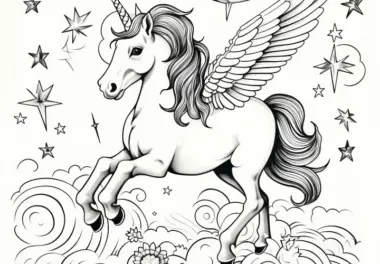 Fliegendes Einhorn mit Flügeln zwischen Sternen und Wolken (Ausmalbild gratis)
