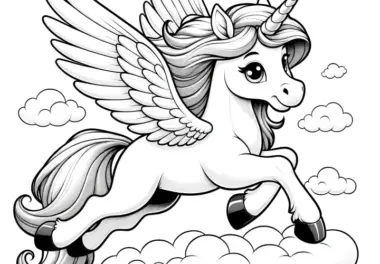 Süßes fliegendes Einhorn in Wolkenlandschaft: Gratis Ausmalbild