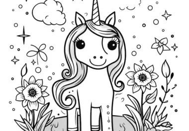 Einhorn im Fantasiehimmel mit Blumen und Sternen: Ein fantasievolles Ausmalbild (kostenlos)