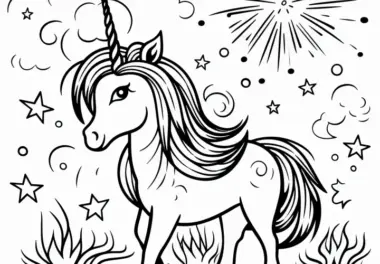 Einhorn in Graslandschaft mit Sternen und Feuerwerk: Ausmalbild gratis