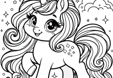 Kleines Einhorn-Kind mit Sternen als Ausmalbild (Kostenlos)