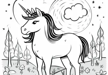 Einhorn in fantastischer Landschaft: Kostenlose Malvorlage