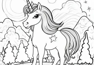 Einhorn in einer Landschaft mit Wald und Sternen am Himmel: Ausmalbild kostenlos