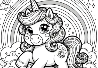 Einhorn unter Regenbogen: Ausmalbild für Kinder (Gratis)
