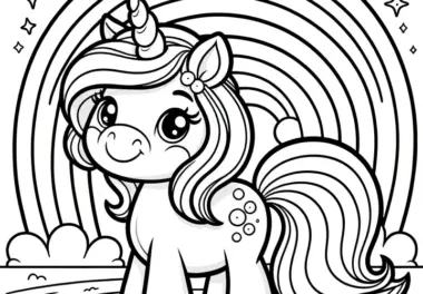 Strahlendes Einhorn unter Regenbogen als Ausmalbild (Gratis)