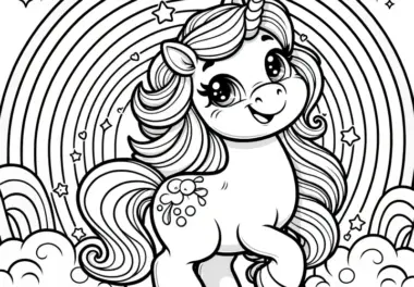 Fröhliches Einhorn mit Regenbogen als Malvorlage (Gratis)