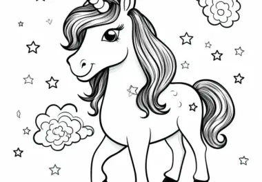 Einhorn mit Sternen: Einfaches Ausmalbild (Kostenlos)