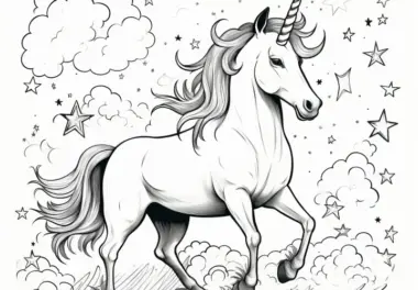 Elegantes Einhorn in Landschaft mit Sternen am Nachthimmel: Ausmalbild (Kostenlos)