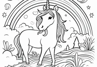 Schönes Einhorn unter Regenbogen: Malvorlage zum Ausdrucken (Gratis)