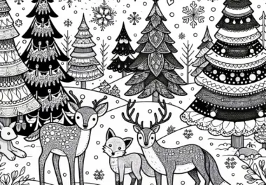 Winterwald mit Tieren: Reh, Fuchs und Hase im Schnee – Adventskalender Ausmalbild