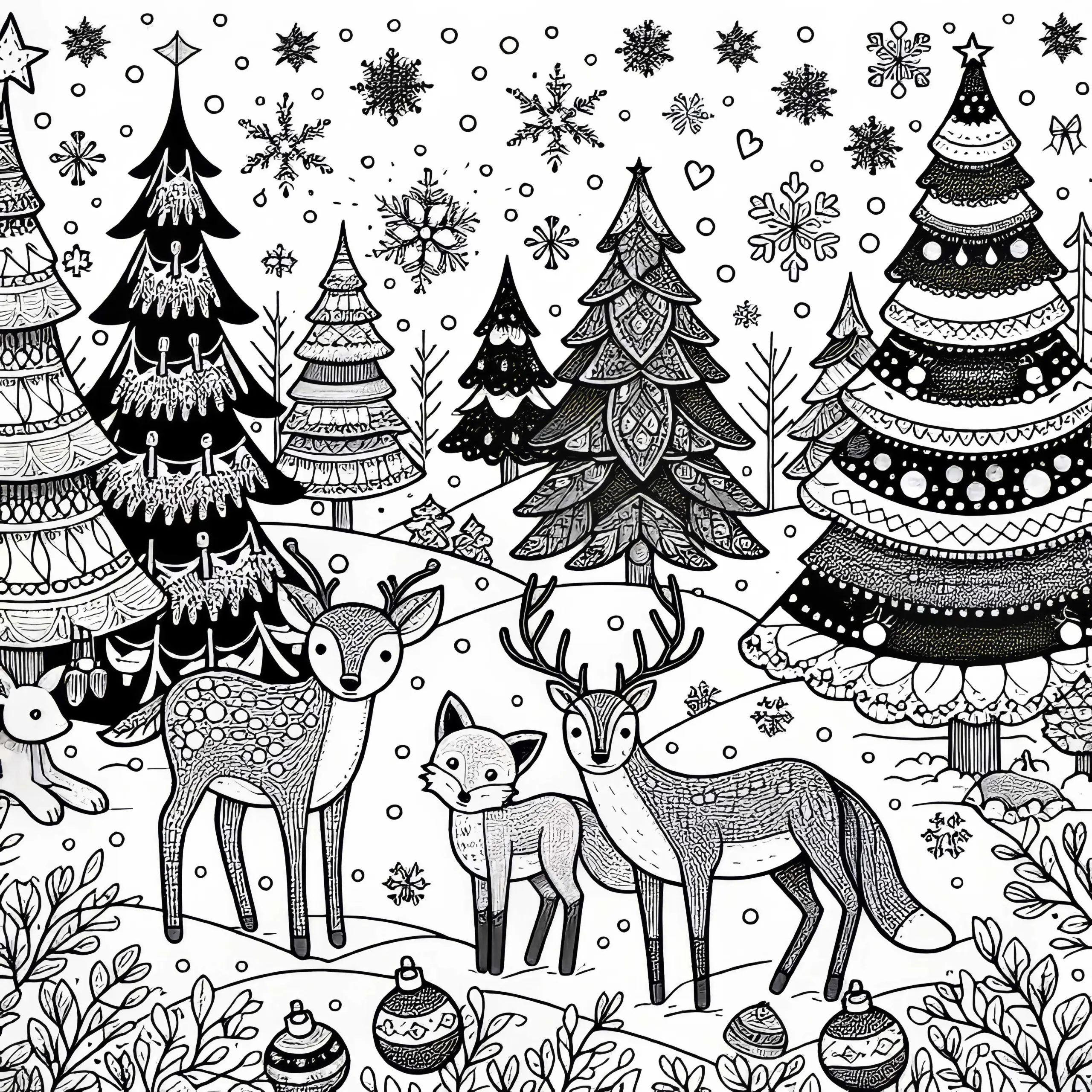 Winterwald mit Tieren: Reh, Fuchs und Hase im Schnee – Adventskalender Ausmalbild
