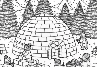 Kinder bauen Iglu im verschneiten Garten – Adventskalender Ausmalbild kostenlos