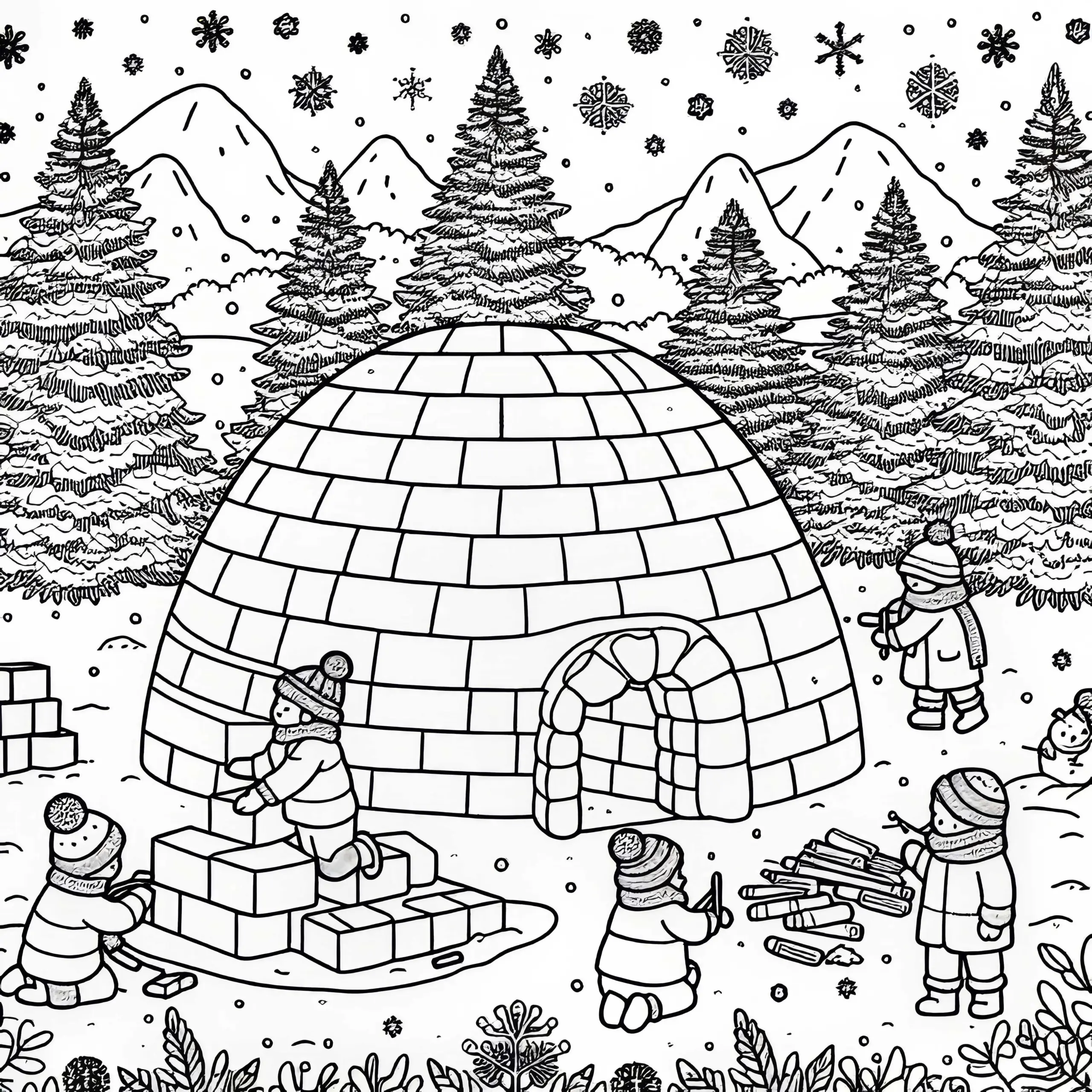 Kinder bauen Iglu im verschneiten Garten – Adventskalender Ausmalbild kostenlos