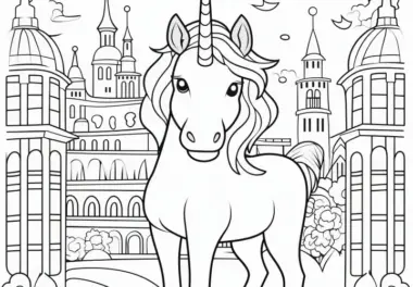 Einhorn vor prächtigem Schloss: Ausmalbild für Kinder (Kostenlos)