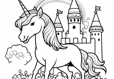 Einhorn vor Schloss und Hecke mit Regenbogen: Malvorlage zum Download (Gratis)