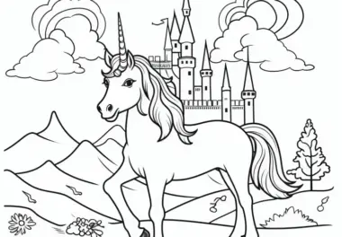 Einhorn steht stolz vor Schloss in Landschaft: Malvorlage für Kinder (Kostenlos)