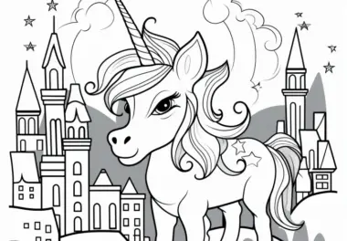 Einhorn, Schloss und Sternenhimmel als Ausmalbild: Gratis zum Herunterladen