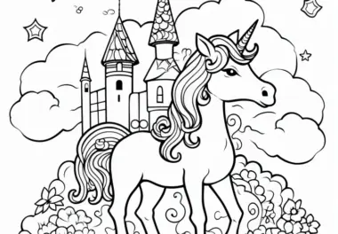 Einhorn, Schloss, Wolken und Sterne: Magisches Ausmalbild (Kostenlos)