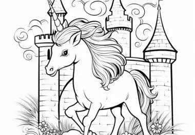 Einhorn vor einer Burg: Ausmalbild zum Download (Kostenlos)