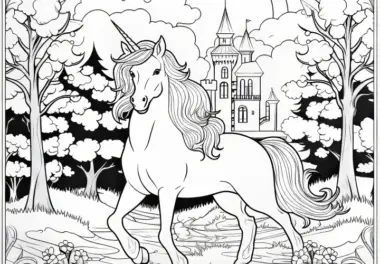 Einhorn im geheimnisvollen Wald vor Schloss: Kostenloses Ausmalbild