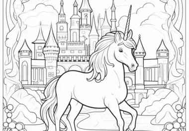 Elegantes Einhorn vor dem Schloss: Ausmalbild zum Herunterladen (Gratis)