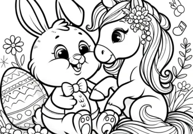 Einhorn mit Osterhase und Osterei: Einfaches Ausmalbild für Kinder (Gratis)