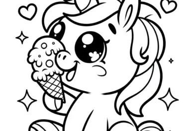 Glückliches Einhorn schleckt ein Eis: Einfache Malvorlage für Kinder (Kostenlos)