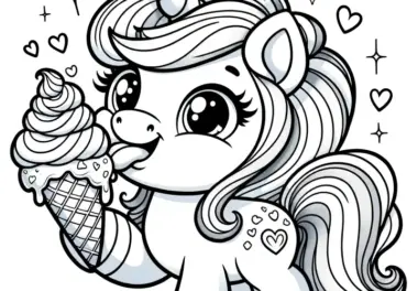 Süßes Einhorn schleckt Eis: Einfaches Ausmalbild für Kinder (Gratis)