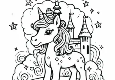 Einhorn und Schloss: Einfaches Ausmalbild zum Download (Gratis)
