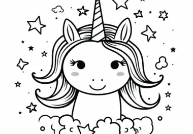 Einhorn mit rundem Gesicht und Sternen: Einfaches Ausmalbild für Kinder (Gratis)