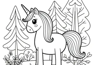 Einfaches Ausmalbild: Einhorn im ruhigen Wald (Kostenlos)