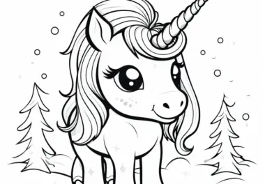 Einhorn in Winterlandschaft: Einfache Malvorlage für Kinder (Gratis)