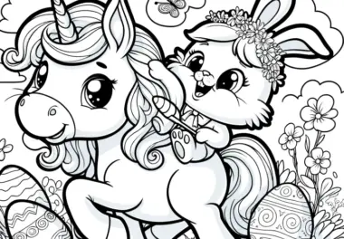 Hase reitet auf niedlichem Einhorn: Einfaches Ausmalbild zum Download (Gratis)