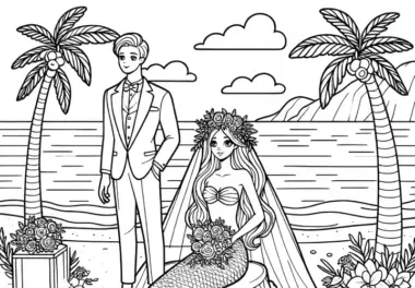 Meerjungfrau Hochzeit am Strand: Der Bräutigam wartet (Ausmalbild gratis)