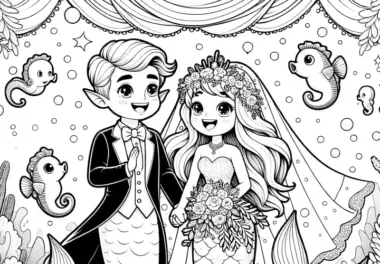 Meerjungfrau bei einer Unterwasserhochzeit: Malvorlage zum Herunterladen (Kostenlos)