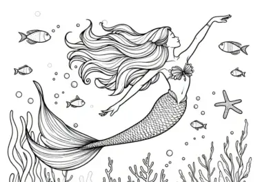 Schöne Meerjungfrau unter Wasser mit Pflanzen und Fische: Ausmalbild zum Download (Gratis)